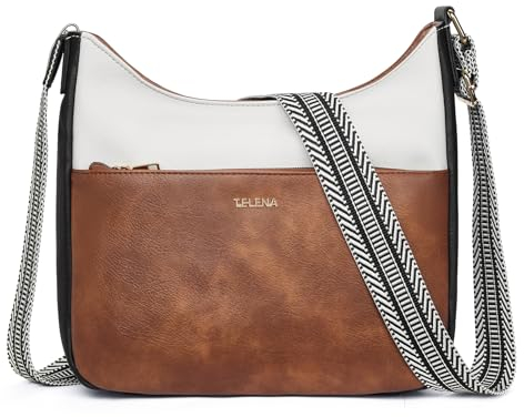 Telena Damen Schultertasche, Klein Umhängetasche Damen Crossbody Bag Kunstleder Handtasche Mittelgroß Braun mit Weiß