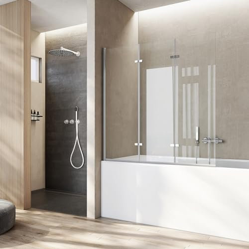 Heilmetz Parete vasca da bagno 130 x 140 cm, 3 pannelli pieghevoli, vetro per vasca da bagno girevole a 180°, vetro di sicurezza da 6 mm, parete vasca con rivestimento nano bifacciale