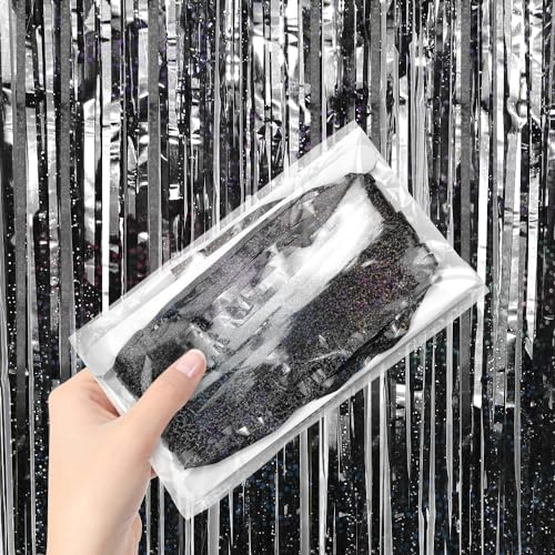 LPAMABA 2 Stück Lametta Vorhänge Schwarz Geburtstagsdeko 1 * 2.5m Folien Fransen Lametta Vorhänge Vorhang Deko Metallisch Vorhänge Selbstklebende Metallfolie für Hochzeit Verlobung Geburtstag Party