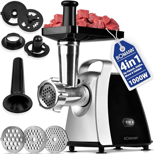 Bomann® Fleischwolf 1000W | mit Aufsatz für Plätzchen/Spritzgebäck | Fleischwolf elektrisch | 3 Metall-Lochscheiben | Vor- und Rücklauf | inkl. Wurstfüller | Metall-Hals u. Schnecke | FW 6067 CB