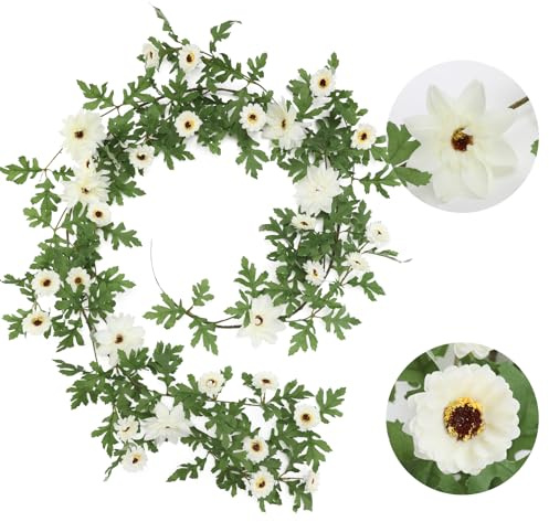 JUSTOYOU Guirnalda de flores artificiales blancas, guirnaldas de flores sintéticas de 5.8 pies de largo con 2 cabezas de flores y colores diferentes. Guirnalda artificial de dalia para colgar en