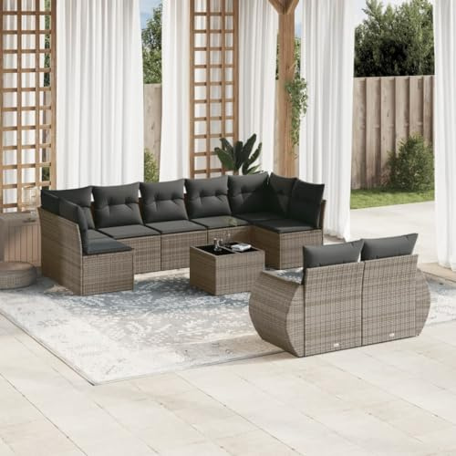 Gecheer Set 10 pz,Divani,da Giardino,per Esterno,Patio,9 Posti,in Polyrattan,Grigio e Grigio Scuro,con Tavolino,Salotto da Giardino,Salotto da Esterno,Divano Modulare,Divano Componibile