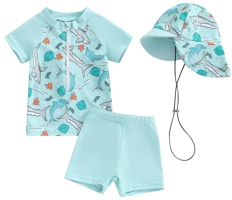 Nouveau-né Bébé Garçon Maillot de Bain Anti-UV Tee Shirt Manches Courtes et Short de Bain avec Chapeau Ensemble 3 Pièces Costume de Natation Piscine (Bleu Clair, 18-24 Months)