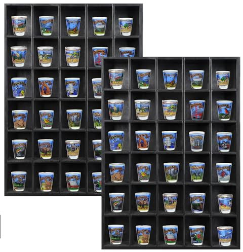 Tasse Verre 30 Schnapsglas-Regal, Vitrine (2er-Pack) – großes Sammlerstückregal aus Holz – Wandmontage, schwarze Schattenbox, Minifiguren-Aufbewahrung, 42,4 x 31 cm