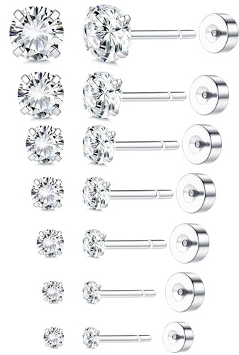 Adramata 7 Paia Orecchini Set Senza Filetto Push in per Donna Uomo Acciaio Inossidabile 2-8mm 5A Zircone Cubico Orecchini a Perno Oro Placcato 18K Delicati Orecchini Set per Cartilagine Piercing,AS