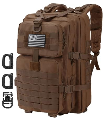 Hannibal Tactical MOLLE Sac à dos tactique d'assaut - Sac à dos tactique de camping - Sac à dos de 3 jours avec écusson du drapeau américain, anneaux en D, marron foncé, marron foncé, Large, Sac à dos