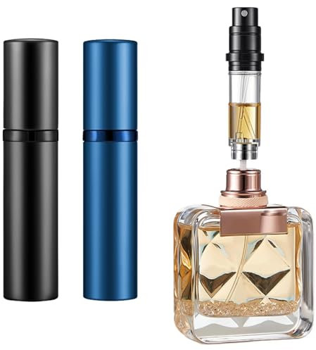 Vinuwu Refillable Perfume Atomiser 2 Pack 5ml, Mini Travel Aftershave Dispenser, Small Perfume Spray Bottle, Pocket Size Bottom Filling Perfume Dispenser for Women and Men (Black+Blue)