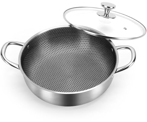 ZEMBSOYA Saute Pan with Tempered Glass Lid 410 Stainless Steel Honeycomb Nonstick Double Handle Frying Pan Cookware for Cooking