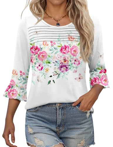 Kistore Womens Tops Summer 3/4 Sleeve Crew Neck Blouses Pleated Shirts | Summer Tops for Women UK,3/4 Sleeve Tops for Women UK,Tunic Tops for Women UK