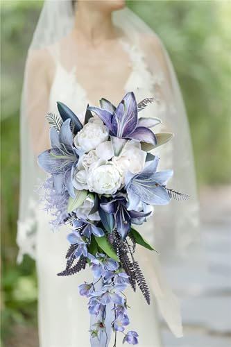 Les fleurs à la main, Bouquet de mariée en forme goutte lys violets 62 cm, peinture à l'huile vintage, bouquet tenant un