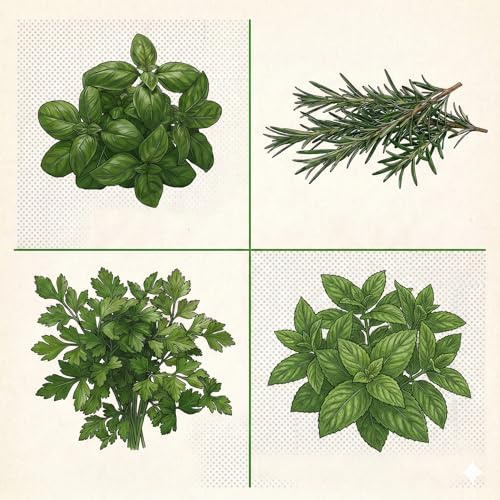 Set Semi Erbe Aromatiche | Basilico, Rosmarino, Prezzemolo e Menta | 4 Bustine da 6g | Semi Aromatici per Orto, Giardino e Balcone | Ideali per Coltivazione in Vaso