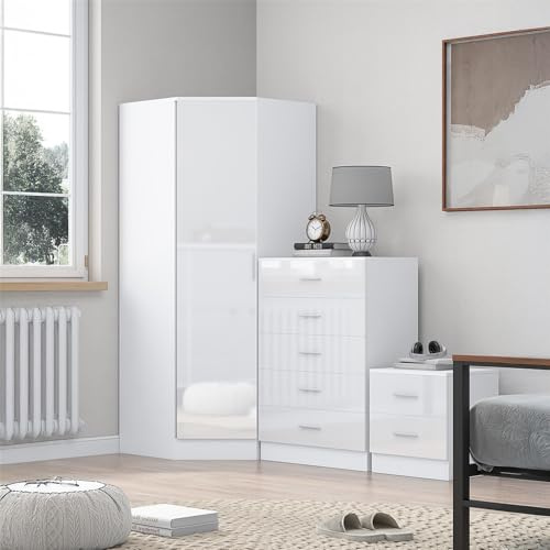 Reflect 1 Door Corner Wardrobe, 5 Drawer Tallboy Chest, 2 Drawer Bedside Table | White Gloss & Matt White Finish | Modern Bedroom Furniture Set