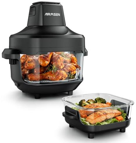 AIRMSEN Portable Glass Air Fryer - 4.5L & 1.2L Dual Containers with Lid, Non-Toxic, 60-230℃, 4 Preset Functions, Detachable Air Frying Head, Safe for Microwave, Freezer & Dishwasher