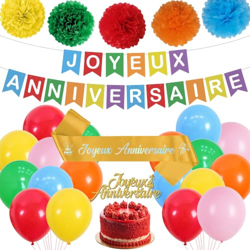 Xietaea Kit Decoration Anniversaire, Guirlande Joyeux Anniversaire Pompons de Papier Banderole, Ballons et Deco Gâteau pour Fête d'Anniversaire Décoration Enfants et Adultes