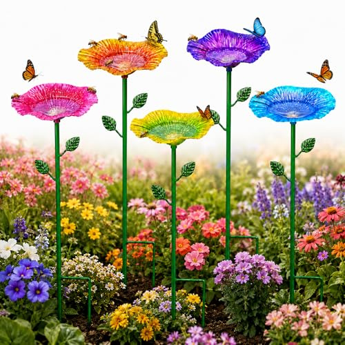 Bee Watering Station for Garden Set of 5, 12 cm Large Metal Flower Bee Feeder with Ground Stakes, Bird Bath,Insect Waterer for Bees, Butterflies ,Wild Birds, Outdoor Garden Décor,Nature Gift (5 Pack)