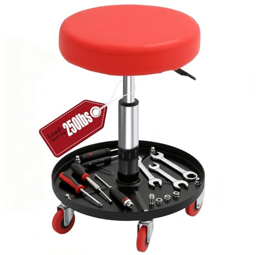 Mechanic Stool, Adjustable Height Rolling Workshop Stool 250lbs Capacity, Garage Shop Stool with 5 Swivel Casters, Waterproof Padded Seat & Tool Tray for Automotive Repair, Home DIY, Workshop Use