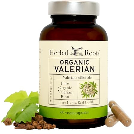 Herbal Roots Pure Organic Valerian Root Capsules - 900 mg - Non-Habit Forming with no Melatonin, Non-GMO - 60 Count Vegan Capsules, Herbal Supplement