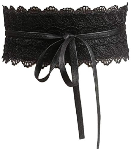 VANANA Wide Lace Waist Belt Leather Waistband Wrap Around Obi Band Cinch Women Stretch Lady Black