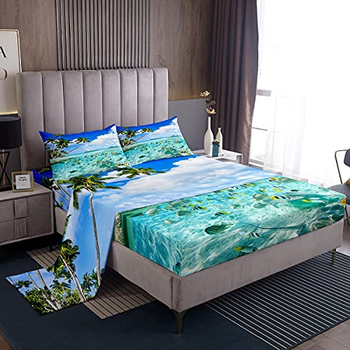 Set di lenzuola da spiaggia singolo donne, ragazze, tropicali, oceano tropicale, set di biancheria da letto con animali marini hawaiani, per le vacanze estive, con 1 federa, blu