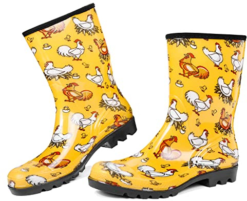 DKSUKO Rain Boots for Women Waterproof Insulated Rubber Garden Boots Wide Calf for Outdoor Gardening Rainy Days & Yard Work (Yellow Chicken,8)