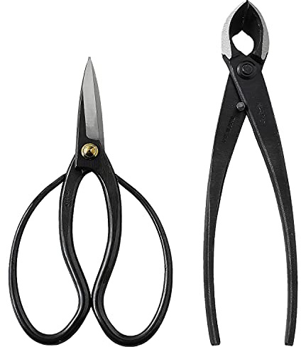Wazakura Kit Outils Essentiels pour Bonsaï Japonais Fabriqué au Japon, Ciseaux Sécateur à Bonsaï 180mm avec Coupe Branches Concave 200mm