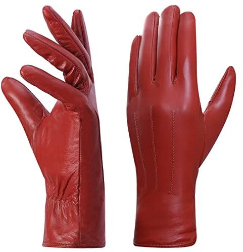 Harssidanzar Leather Gloves For Ladies, Womens Leather Gloves Winter Warm Fleece Lining Touchscreen Vintage Finished GL018,Red, Size XS
