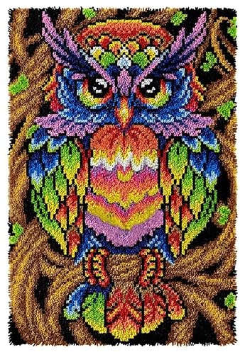 ROCKY&CHAO Latch Hook Rug Kits, DIY, Home Carpet Making Canvas, Crochet Embroidery Needlework Crafts for Decor, Beginners Kids Adults, 60 X 40 cm, Colorful Owl