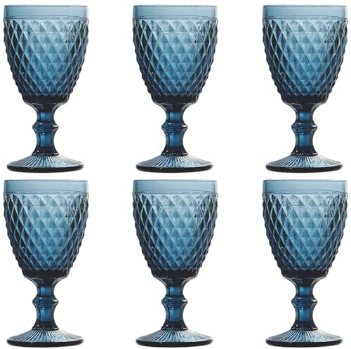 Taganov Blue Wine Glasses set of 6 Colored Drinking Goblets Vintage Embossed Glassware 10 OZ Pretty Water Stemmed Cup for Wedding Party Bar