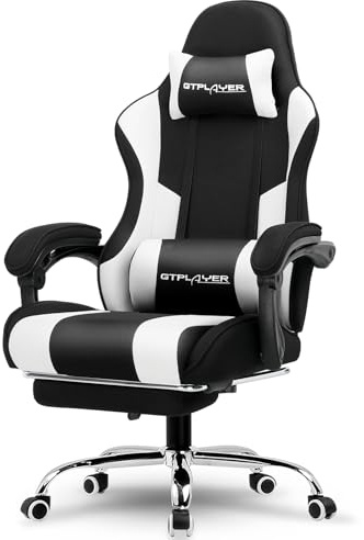 GTPLAYER Gaming Chair, Massage Ergonomic Computer Chair with Footrest and Lumbar Support Height Adjustable with 360°-Swivel Seat and Headrest for Office White Fabric