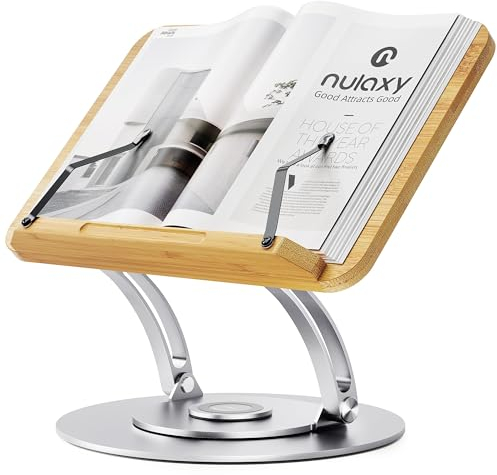 NULAXY Buchständer zum Lesen, 360° drehbarer und verstellbarer Buchhalterständer zum freihändigen Lesen, Kochbuchständer für die Küche, Lehrbuchständer mit Seitenklammern für Rezepte, Noten – Silber