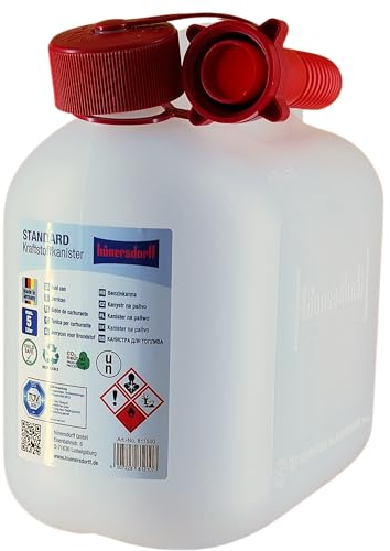 hünersdorff Benzinkanister FuelFriend®-MAXI 5 Liter transparent - verstärkte Version mit UN-/RKK-Zulassung, Kinder-Sicherheitsverschraubung und PREMIUM-Ausgiesser