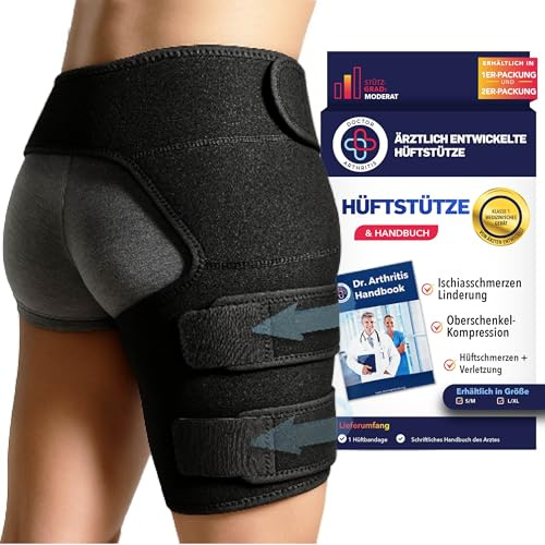Dr. Arthritis Muslera Compresión Desarrollada por Médicos - Soporte para Muslo Derecho, Alivio del Dolor de Ciática y Síndrome Piriforme - Para Hombres y Mujeres [Talla S/M, Negra]