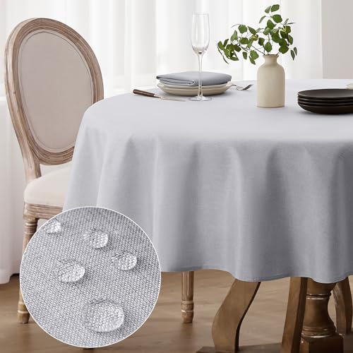 Softalker Round Table Cloth 150 cm (59 in) Diameter Faux Linen Tablecloth Light Grey, 6 Seater, Wipeable, Washable, Christmas Cafe Party Outdoor Garden Kitchen Dinning Tabletop