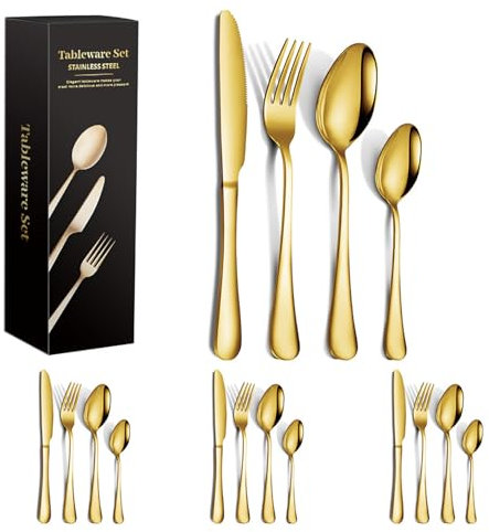 16-Piece Golden Silverware Cutlery Set Service for 4, Stainless Steel Flatware Set, Including Spoons/Forks/Knives Tableware Utensil Set for Kitchen/Home/Restaurant, Mirror Polished, Dishwasher Safe