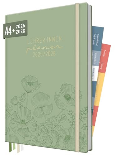Häfft® Lehrer-Planer 2025/2026 A4 + Green Poppy Hardcover Lehrerkalender mit Wochenkalendarium, 226 Seiten, Stickern und mehr - nachhaltig & klimafreundlich