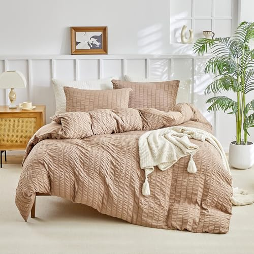 DuShow King Size Duvet Cover Set Taupe,Seersucker Textured King Duvet Cover with 2 Pillowcases,Soft Breathable Bedding Set With Zipper-Taupe,220×230cm