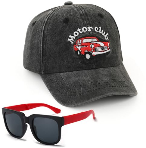 Auto Cappello da Baseball per Bambini, 2PCS Berretto Visiera Occhiali da Sole Set Cappellino da Baseball Hat da Sole Cappello Regolabile Berretto di Protezione Solare Cappellino Estivo (Nero)