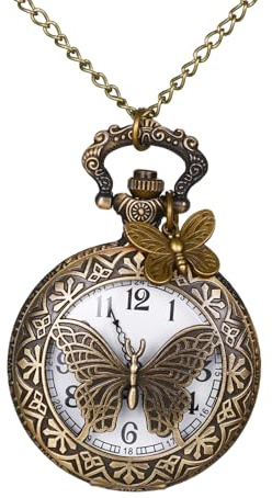 OIDEA Montre à Gousset Femme Vintage: Montre de Poche Collier Pendentif en Bronze Antique avec Décor Papillon et Mouvement Quartz Style Rétro Élégant pour Accessoire ou Cadeau