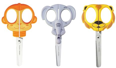Vaessen Creative Set di Forbici per Bambini Scimmia, Elefante, Leone - 3 pz da 12,7 cm - Forbici punta arrotondata per la Sicurezza - Per Mancini e Destrimani - Progetti Creativi e di Hobbistica