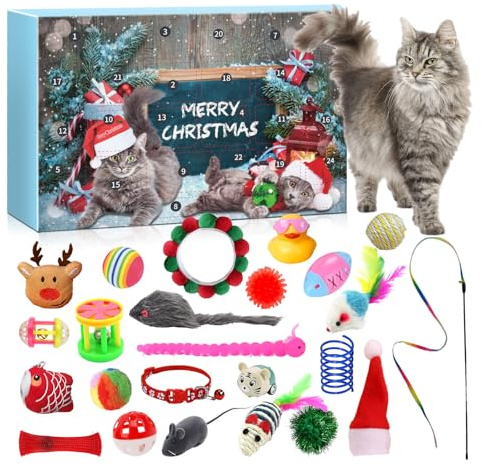 Calendrier de l'Avent pour Chats, Calendrier de Compte à Rebours de 24 Jours avec Jouets pour Chat, Jouets de Noël avec Jouet à l'Herbe à Chat, Souris, Cadeaux de Noël pour les Amoureux des Chats