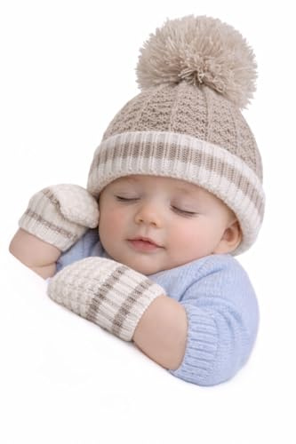 SOHOBABY Baby Boys & Girls Pom Pom Hat with Matching Mittens – 0–12 Months (UK, Age, 0 Months, 12 Months, Biscuit)