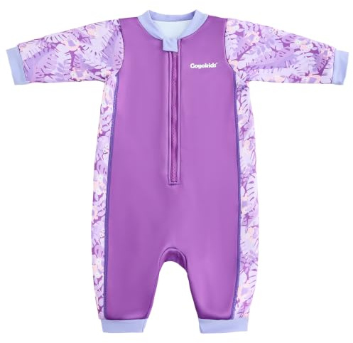 Gogokids Neopren våtdräkt 0–3 år baby, termisk baddräkt, dragkedja framtill, med fleecefoder, långärmad, solskydd och solskydd, Färg: blå, 12-24 months