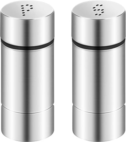 Ennoxwi Set di 2 spargisale piccolo, mini sale e pepe in acciaio inox, per cucina, tavolo, ristorante e viaggio, pratico set di spargere spezie in argento