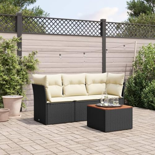 Owoxanthellate Ensemble de 4 canapés de jardin en rotin noir, 62 x 62 x 69 cm, en polyrotin résistant aux intempéries, avec table en bois d'acacia, groupe de sièges modulaires pour balcon, terrasse et