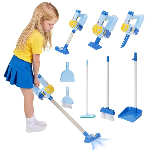 Cleaning Toys for Toddlers, Kids Pretend Play Housekeeping Set, Blue | Toddler Cleaning Set with Broom Mop Dustpan, Real Vacuum Cleaner, Montessori Learning Toys for Boys Girls