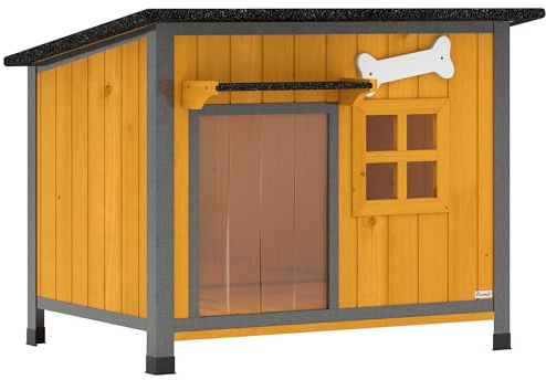 PawHut Cuccia per Cani da Esterno in Legno e Acciaio Anti-Morso, Casetta per Cani Rialzato con Tetto Spiovente Apribile e Impermeabile, Pavimento Rimovibile, Tenda per Porta, Tettoia, 84.5x62x65 cm