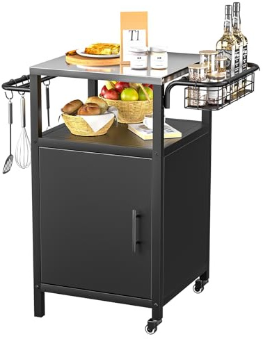 Yvsevnr Carrito de Barbacoa con Estante Abierto y Armario, Carrito de Servicio Exterior, Cocina Exterior, Carro de Asado, Mesa Auxiliar BBQ para Picnic, Fiesta, Jardín, Camping 50x50x92cm