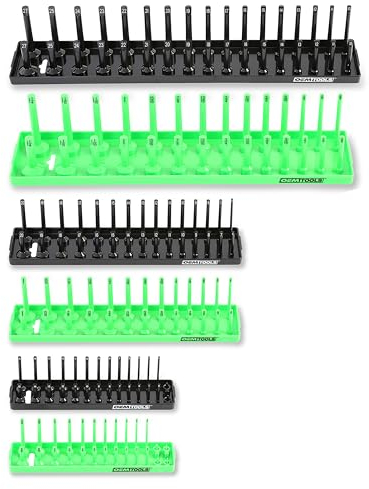 OEMTOOLS 22233 6 Piece SAE and Metric Socket Tray Set (Black and Green), 1/4, 3/8, and 1/2 Drive Socket Holders Organizers for Tool Box
