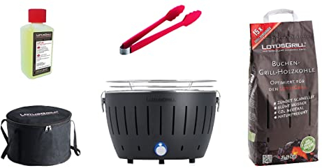 LotusGrill S Small Kompakt Starter-Set Anthrazitgrau der raucharme Holzkohlegrill mit 2,5 kg Buchenholzkohle, 200 ml Brennpaste, 1x Zange (Farbe nach Vorrat), 1x Tasche Stromversorgung USB-Powerbank