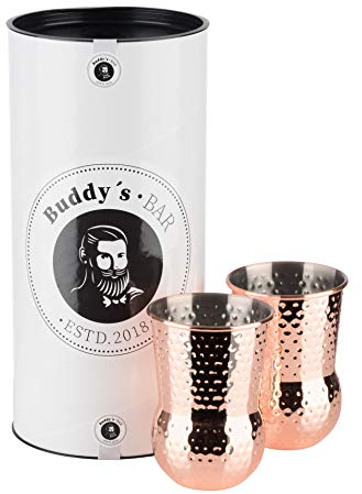 Buddy´s Bar - 2 Tazas Julep Mug, 2 Tazas de cóctel de 400 ml con Efecto Martillo, Tazas de Acero Inoxidable, martilladas, Incl. Caja de Regalo, Juego de 2, Cobre Pulido